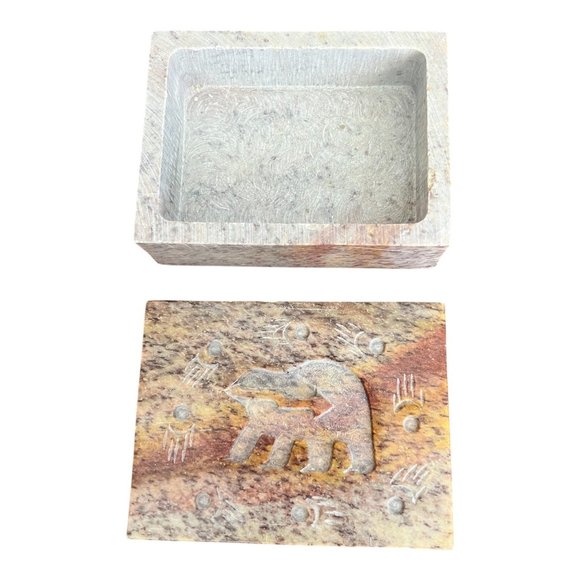 Handcrafted Stone Trinket Box With Bear, Paw Print Design Rectangular Multicolor - Picture 2 of 7